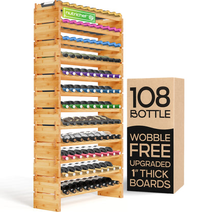 NutriChef 108 Bottle Stackable Bamboo Wine Rack, 12-Tier Modular Shelf