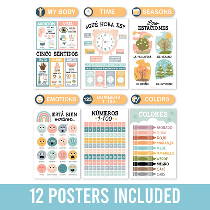 Hadley Designs Spanish Posters for Classroom - 12 Bilingual Educational Posters for Spanish Classroom Decorations Must Haves, Calendario y Alfabeto en Español Para la Pared, Boho Teacher Supplies