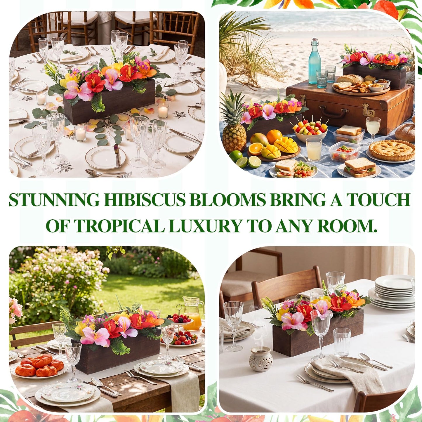 Rivvlive 2PCS Artificial Hibiscus Flowers Table Centerpieces in Wooden Box, 11 inch Summer Beach Wood Box with Realistic Hibiscus Fake Floral Decoration for Hawaiian Luau Beach Party Dining Table
