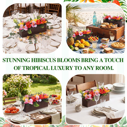 Rivvlive 2PCS Artificial Hibiscus Flowers Table Centerpieces in Wooden Box, 11 inch Summer Beach Wood Box with Realistic Hibiscus Fake Floral Decoration for Hawaiian Luau Beach Party Dining Table