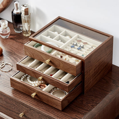 CHOSIN Black Walnut Wooden Jewelry Box for Women, 3-Layer Wood Jewelry Organizer with Glass Lid for Watches, Necklaces, Rings & Earrings Storage, Ideal Gift for Her, Fathers Day Gift