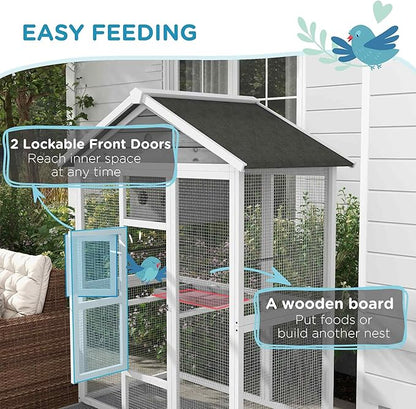 PawHut 64.5" Wooden Bird Cage Aviary, Flight Cage with 4 Perches, Nest and Slide-Out Tray for Indoor/Outdoor, Gray