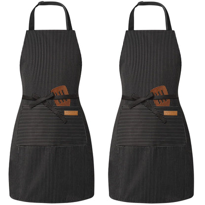 BeLuyi 2 Pack Adjustable Bib Apron with 2 Pockets Chef Cooking Kitchen Restaurant Aprons for Women Men (Black Pinstripe)