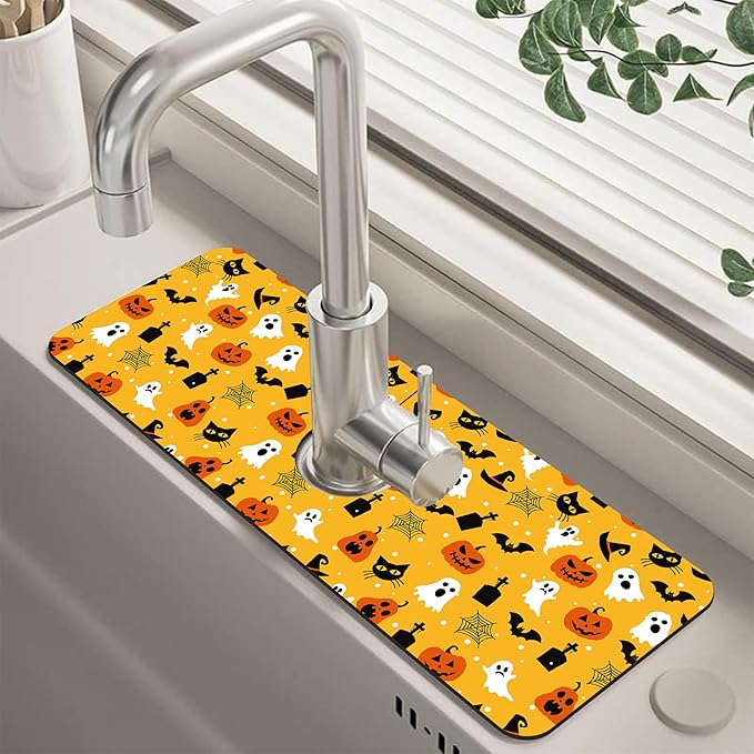 Halloween Pumpkin Bat Ghost Kitchen Sink Splash Guard Mat Absorbent Fast Drying