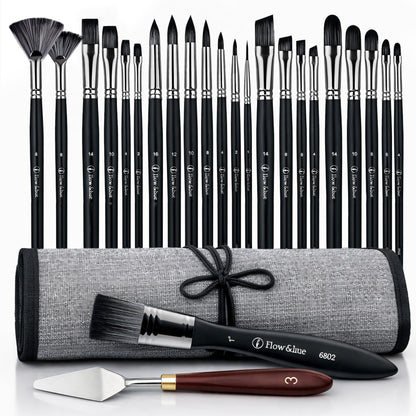 Flow & Hue 25 Pce Professional Paint Brush Set – Acrylic, Watercolor, Oil & Gouache - 9 Brush Shapes (Flat, Round, Filbert, Fan, Angle, Liner) + Palette Knife & Waterproof Canvas Roll Case for Artists