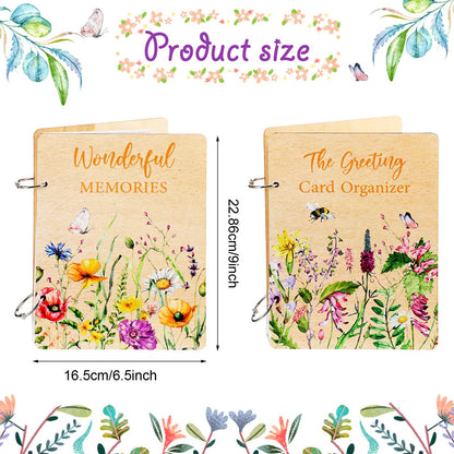 Suzile 2 Packs 9x6.5 Inch Greeting Card Organizer Book Wood Floral Card Organizer Album Binder, Keepsake Storage Holder Gift for Wedding Anniversary Mother's Day Holiday Memory Photo Collection