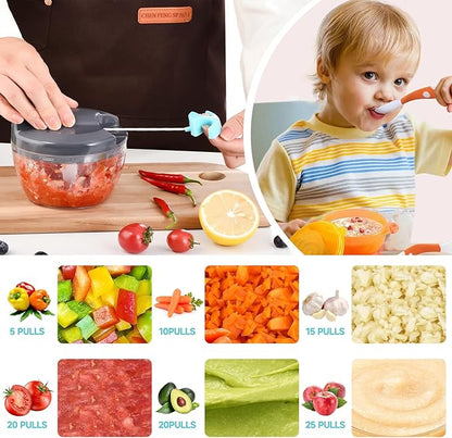 Manual Food Processor Vegetable Chopper, Portable Hand Pull String Garlic Mincer Onion Cutter for Veggies, Ginger, Fruits, Nuts, Herbs, etc., 500ml,（Gray-blue）
