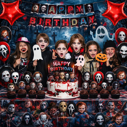 Taeku Horror Birthday Party Decorations – 50 Pcs Halloween Theme Kit with Banner, Balloons, Cake Toppers, Backdrop & Tablecloth – Scary Party Supplies for Kids & Adults