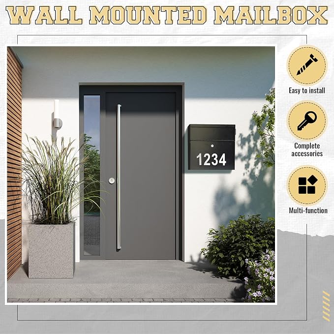 Yaocom Extra Large Wall Mount Mailboxes for Outside 15.35 x 15 x 7 Inches Locking Security Mail Box Galvanized Steel Wall Mailbox Large Capacity Post Box with Key Lock and Reflective Stickers(Black)