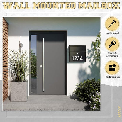 Yaocom Extra Large Wall Mount Mailboxes for Outside 15.35 x 15 x 7 Inches Locking Security Mail Box Galvanized Steel Wall Mailbox Large Capacity Post Box with Key Lock and Reflective Stickers(Black)