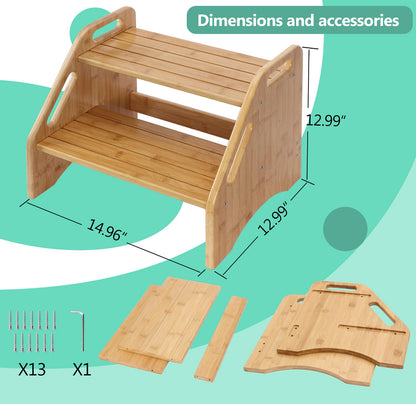 AMBIRD Wooden Step Stool, Two Step Stools Toddler 300 lbs Capacity with Safety Non-Slip Pads and Handles, Bamboo Step Stool for Bathroom, Kitchen Dual Height Step Stools for Kids (Natural)