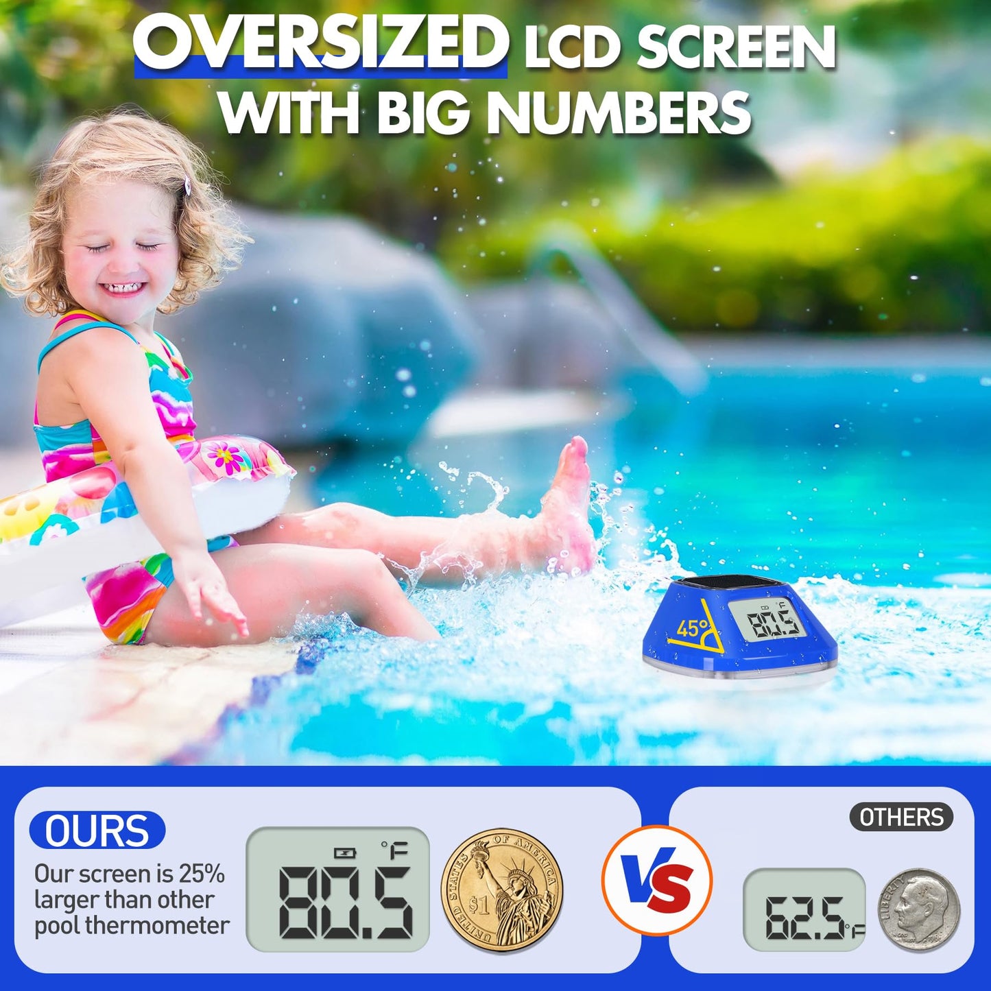Pircaath 2025 Next-Gen Solar Pool Thermometer Floating Easy Read, Digital Pool Thermometer with Extra-Large Backlit LCD Screen & Rope, IP68 Waterproof Pools Water Temperature Gauge for Hot Tub, Spa