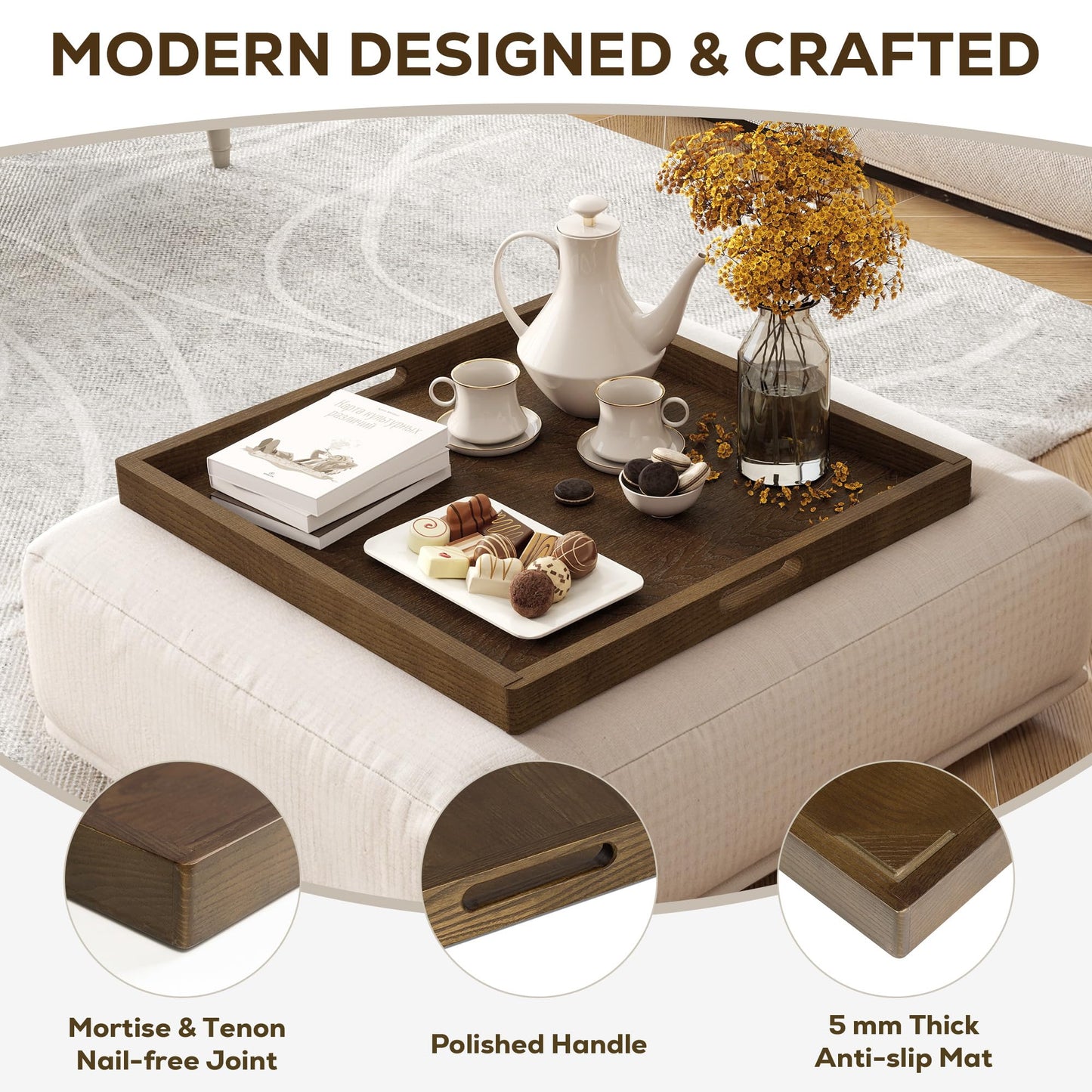 Axeman 24 Inch Large Square Wooden Ottoman Tray for Living Room|Extra Large Serving Tray with Handles for Coffee Table, Breakfast|Decorative Wood Tray for Ottoman Couch Sofa Kitchen|Walnut