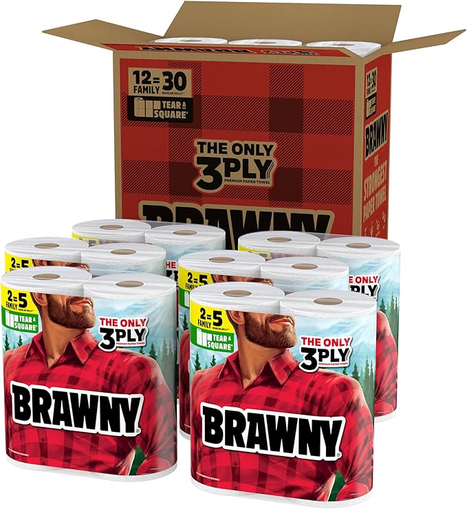 Brawny Tear-A-Square 3-Ply Paper Towels, 12 XL Family Rolls = 30 Regular Rolls