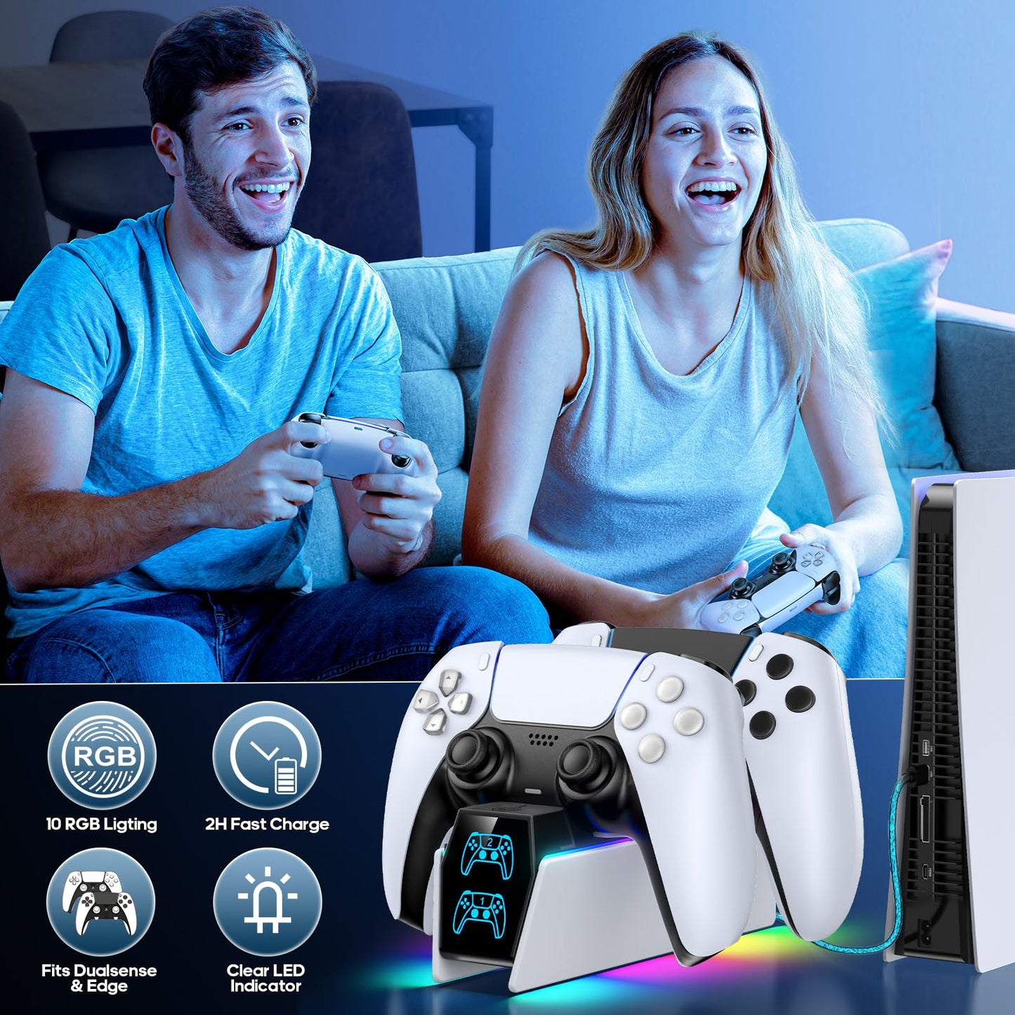 PS5 Controller Charger Station Compatible with PlayStation 5 Faceplates Edge & Dual Controller, 9 Lightings PS5 Accessories Charging Station, PS 5 Dock Stand with LED Indicator & On-off Switch & Cable
