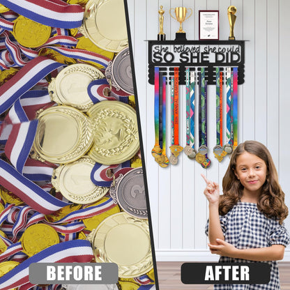 Takytao Medal Hanger Display with Trophy Shelf, Upgraded Sports Medal Holder Trophy Display Shelf Ribbon Holder Simple Wall Hanger (SHE BELIEVED SHE COULD SO SHE DID)