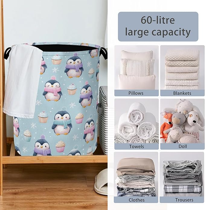 Cute Penguin Laundry Basket, Snowflake Cake Foldable Oxford Cloth Tote Bag