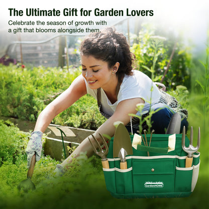 GardenHOME 7-Piece Gardening Tool Set – Stainless Steel Hand Tools with Wooden Handles, Folding Stool, and Canvas Tote Bag, Yard Maintenance Kit for Gardeners, Women, and Beginners