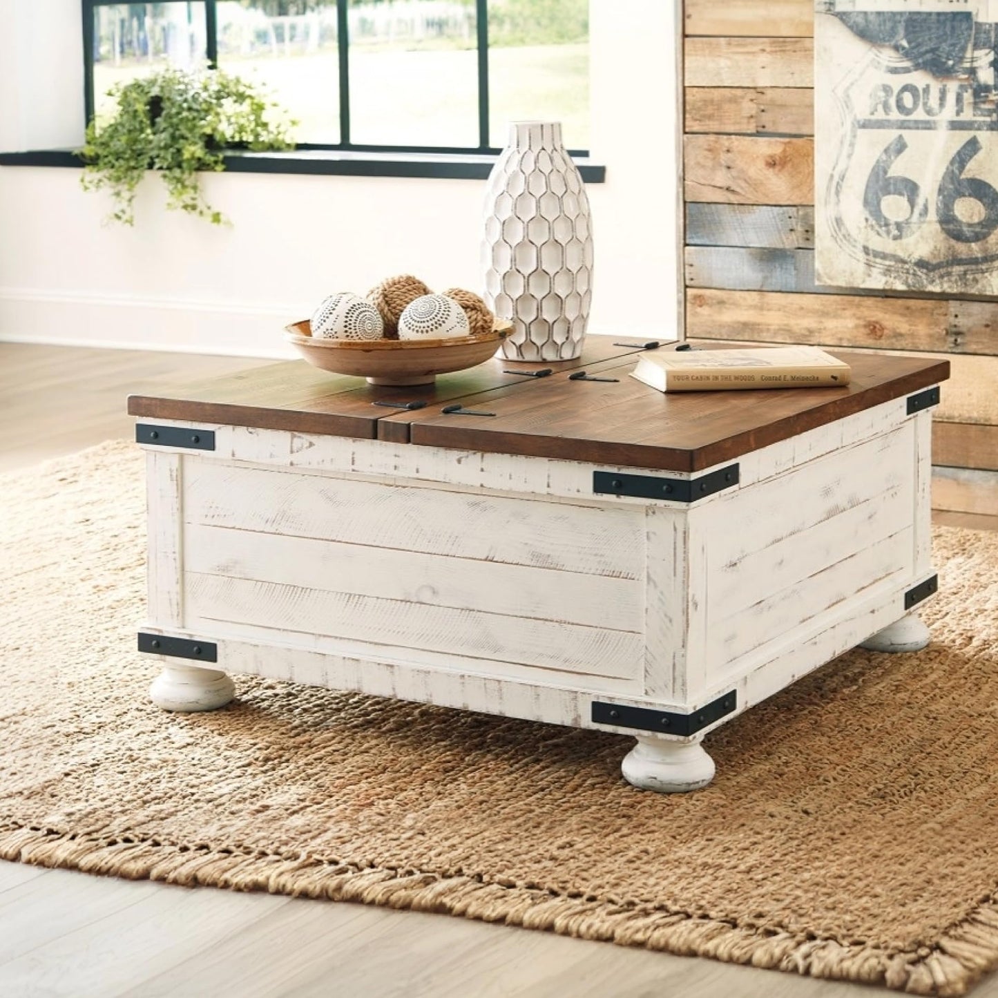 Signature Design by Ashley Wystfield Farmhouse Coffee Table with Storage, Hinged Lift Top, Wood, 36" W x 36" D x 18" H, Distressed White