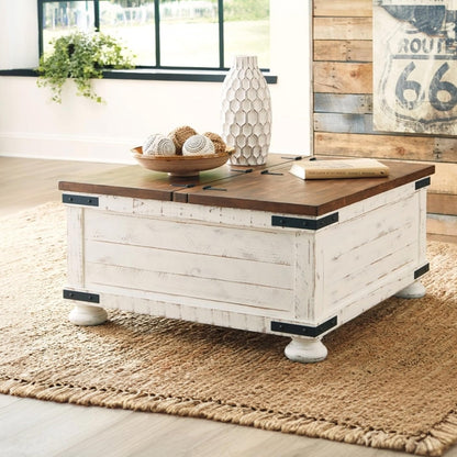 Signature Design by Ashley Wystfield Farmhouse Coffee Table with Storage, Hinged Lift Top, Wood, 36" W x 36" D x 18" H, Distressed White