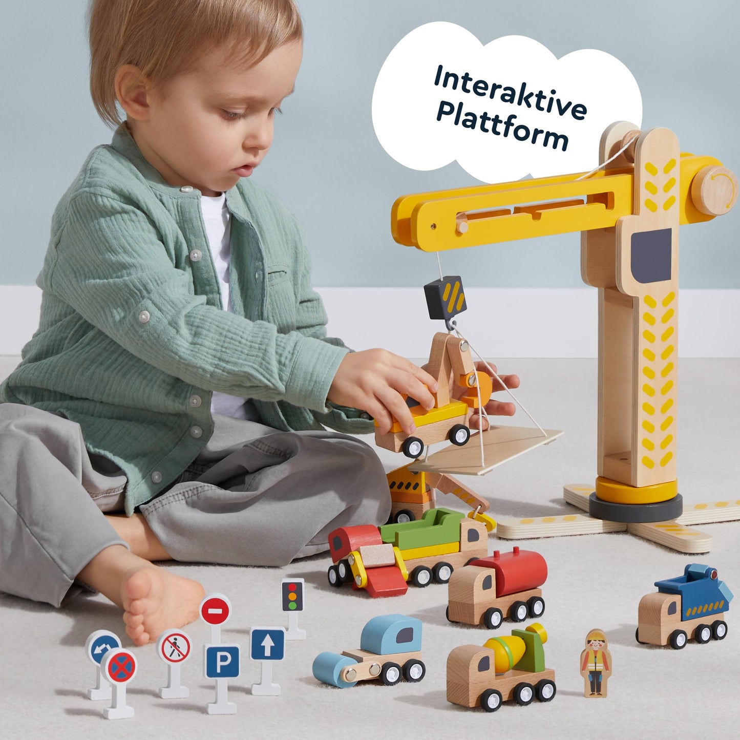 JERIDOO Interactive Wooden Construction Toy Crane, Rotating Base, Lifting Hook, with Vehicles, Excavator, Cement Mixer and Road Signs, 18-Piece Set for Toddlers 3-6, 8, Non-Toxic Wood, Parent-Designed