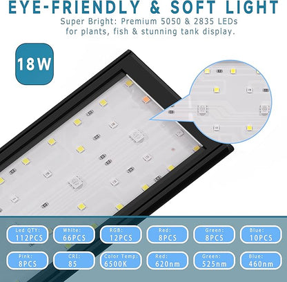 24/7 Mode LED Aquarium Light for 24-30 Inch Plant & Fish Tank, IP68 Full Spectrum Light, Sunrise-Daylight-Moonlight, White Red Green Blue Pink LEDs with Extendable Brackets for Freshwater