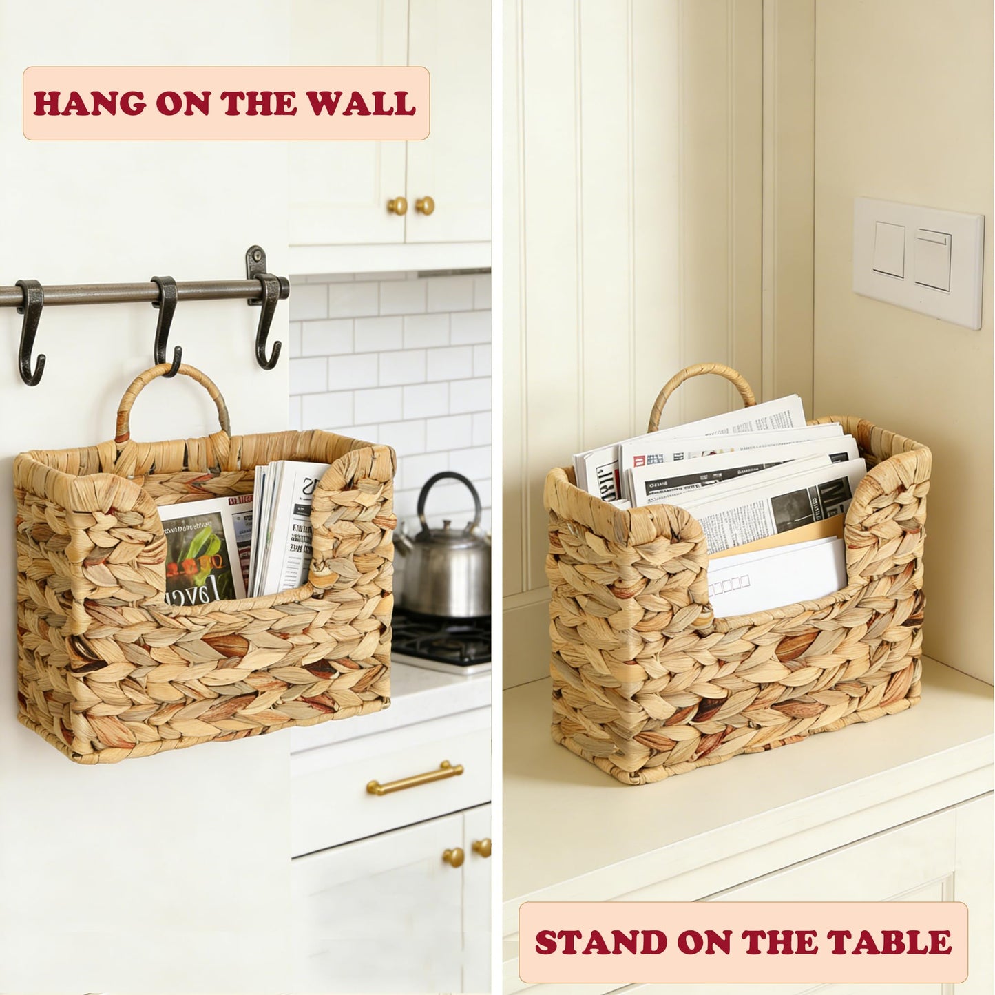VANEME Hanging Magazine Basket, Woven Wall Magazine Holder Organizer with Handle for Mail, Files, Books - Water Hyacinth Farmhouse Storage Rack for Bathroom, Kitchen, Office