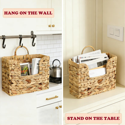 VANEME Hanging Magazine Basket, Woven Wall Magazine Holder Organizer with Handle for Mail, Files, Books - Water Hyacinth Farmhouse Storage Rack for Bathroom, Kitchen, Office