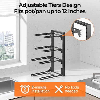 MUDEELA Pots and Pans Organizer under Cabinet 15.75" Tall, 4-Tier Heavy Duty Pan Organizers inside Cabinet Kitchen Storage, Adjustable Pot Rack Holds up to 44 LB Cast Iron Skillets Shallow Cookware