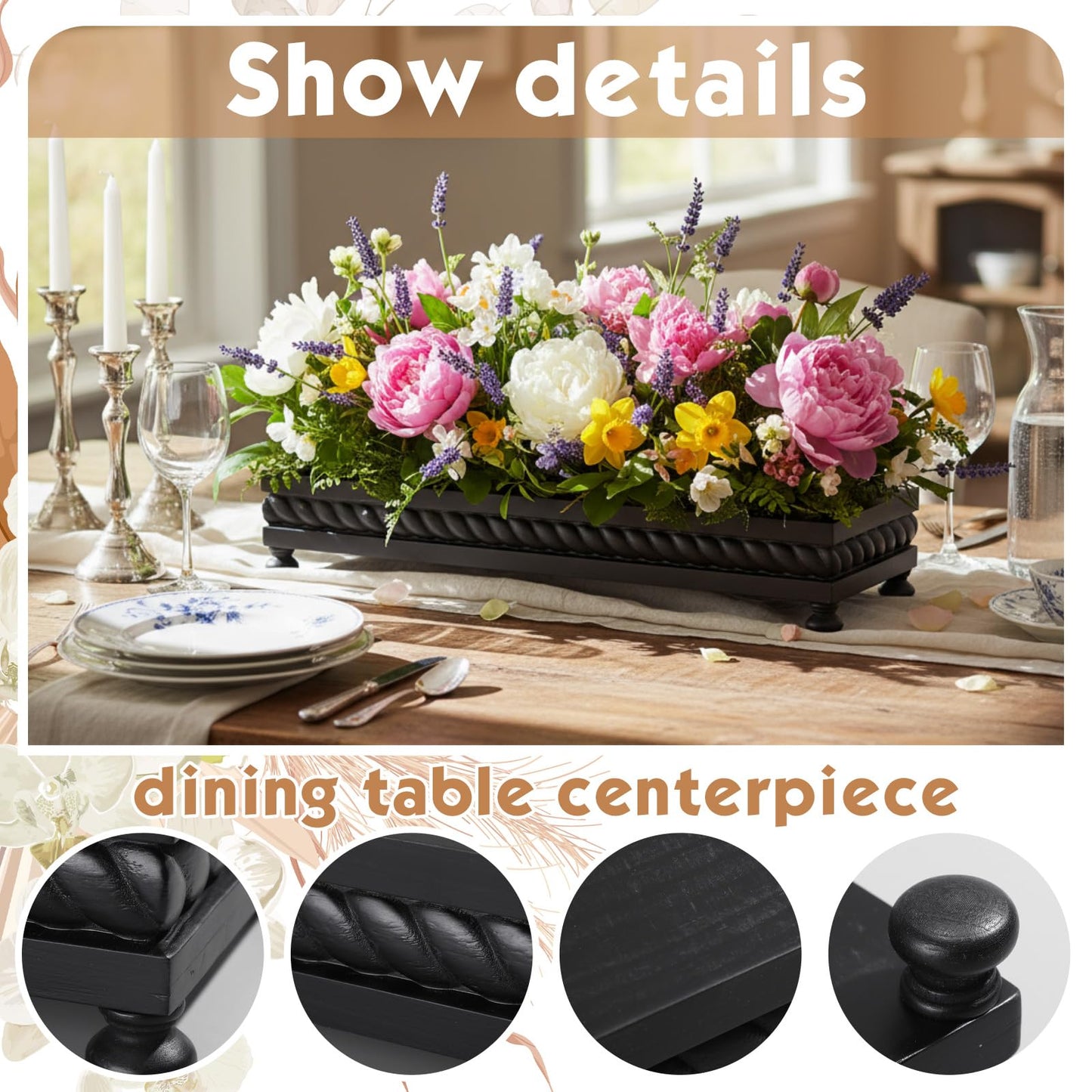 AceOrbit Large Long Wooden Dough Bowl, Spring Decorative Wooden Tables Centerpiece Tray, Riser Rustic Dough Bowl, Farmhouse Centerpiece Tray for Table Living Room Dining Gift(24",Black)