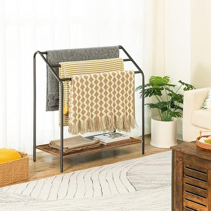HOOBRO Freestanding Towel-Rack for Bathroom, 3 Tier Blanket Rack for Living Room, 31.5" L x 14.2" W x 33.9" H, Quilt Blanket Ladder Holder, Drying and Display Rack, Rustic Brown and Black BF80LB01
