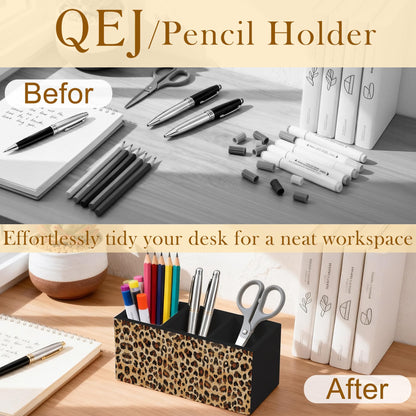 QEJ Leopard Print Pen Holder for Desk, Cheetah Print Room Decor, Cheetah Animal Wooden Box Pencil Pen Organizer for Home Office Desk Tabletop