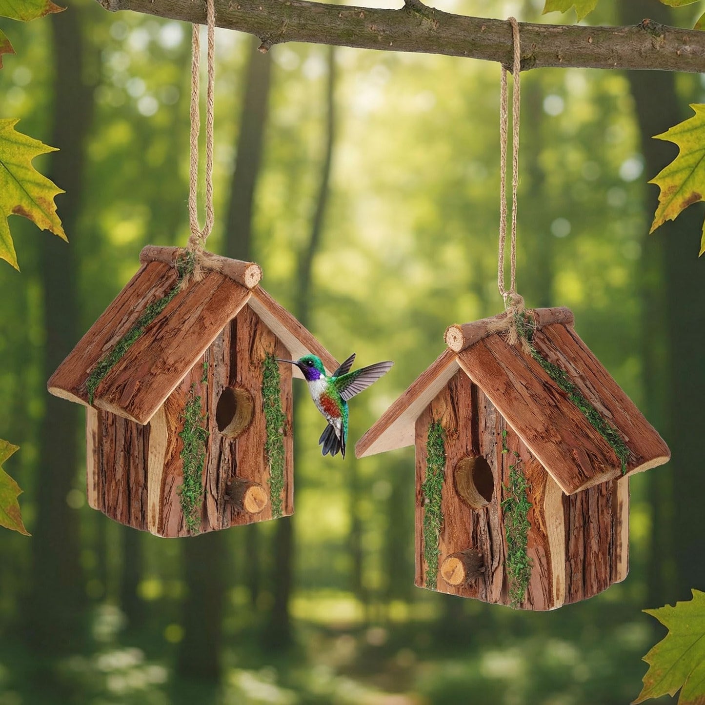 DoubleFill 2 Pcs Birdhouses for Outside Wooden Bird House with Moss Accent Hanging Design Birdhouse Natural Bark Finish Warm and Waterproof Rustic Bluebird House Cardinal Wren Hummingbird Garden