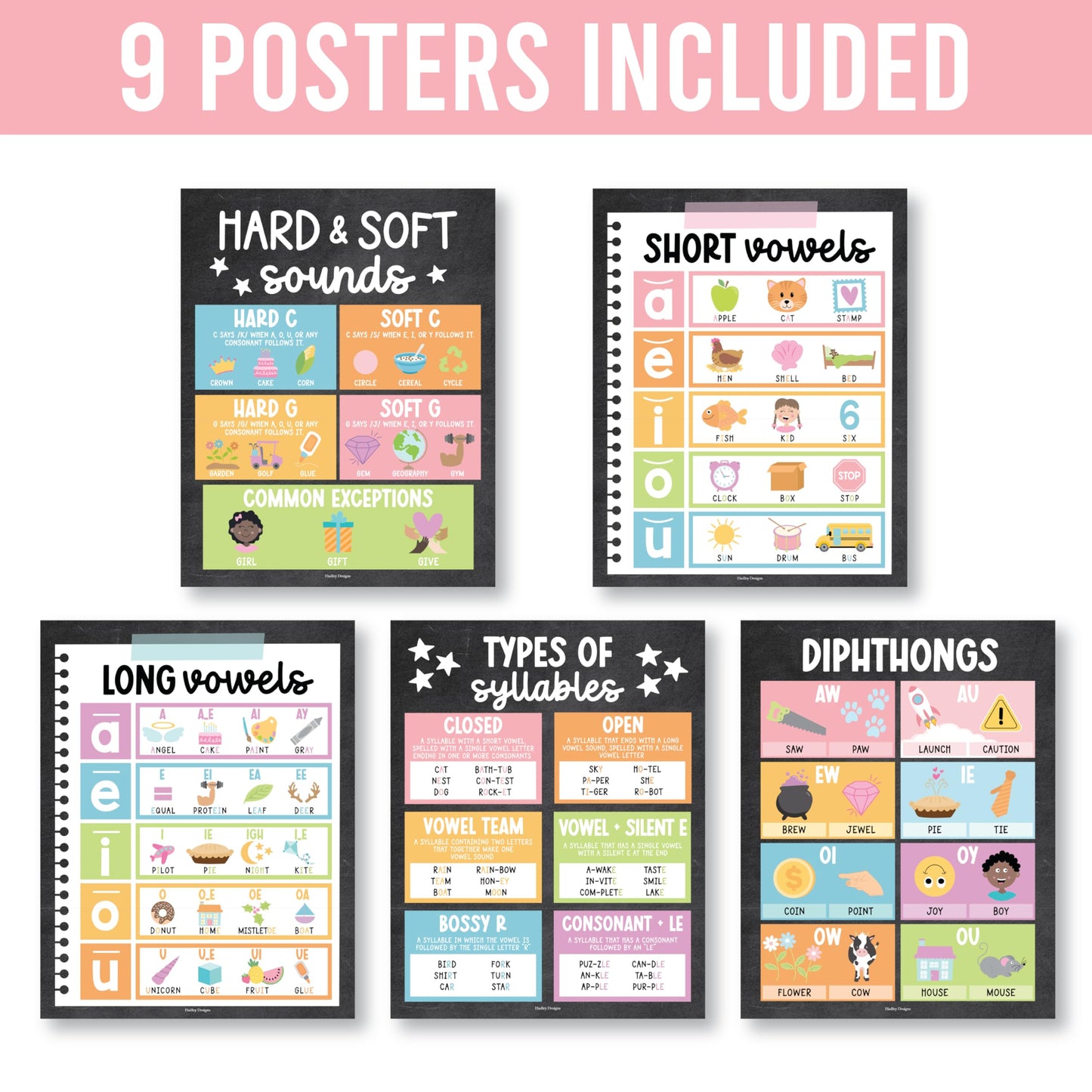 Hadley Designs Phonics Posters for Classroom Must Haves - 9 Sound Wall for Kindergarten & Elementary Teacher Supplies, Syllable, Vowels, Digraphs & Blends Bulletin Board Set, Chalkboard Classrom Decor