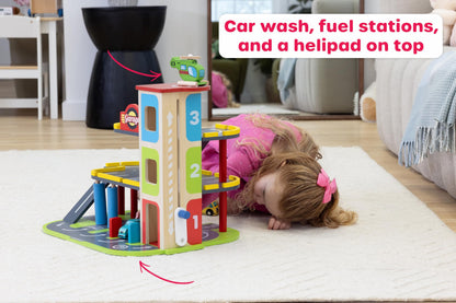 Jasey's Toy Chest Wooden Busy Wheels Garage Playset | 3-Level Wooden Garage with Elevator, Car Wash, Gas Station & Helipad + 2 Cars & 1 Helicopter | for Toddlers Ages 3+