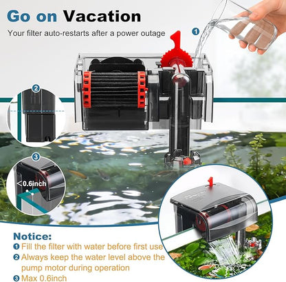 Small Fish Tank Filter, Hang On Back Aquarium Filter, Quiet Adjustable Flow Expandable Hose for 10-25 Gal, 3-Stage Filtration System with Surface Skimmer for Circulation and Aeration, 93GPH 5W