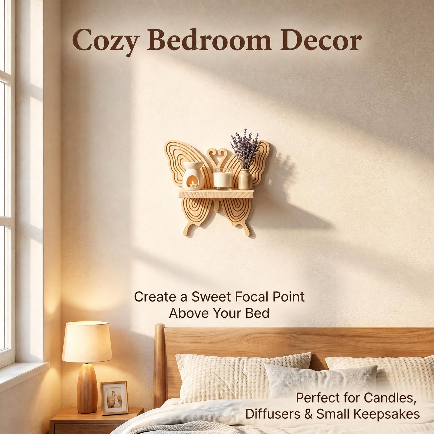 Stylitzy Boho Butterfly Wooden Floating Wall Shelf, Carved Wood Wall Art Decor, Wall Mounted Display Rack for Plants, Photos & Figurines, Hanging Storage Shelf for Bedroom Living Room