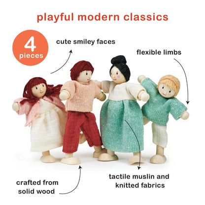 Mentari Toys - The Honeybunch Doll Family - 4pc Poseable Wooden Doll Set with Fabric Clothes - Perfect for Dollhouses and Small World Play - Encourages Imaginative Play and Social Skills - Age 3+
