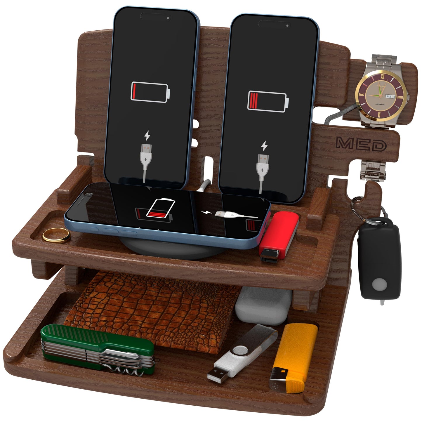 MED Wood Phone Docking Station for Men – Nightstand Organizer & Charging Station for Multiple Devices – Birthday Gift for Husband Dad, Father's Day – Holds Phone, Watch, Wallet, Keys (Dark Walnut)