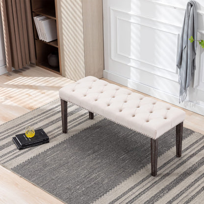 Aursrenty Velvet Upholstered Tufted Bench with Rubber Wooden Legs, Velvet Cushion, 45.28" L Accent Footrest Stool for Living Room, Entryway, Dining Room, Bedroom Beige