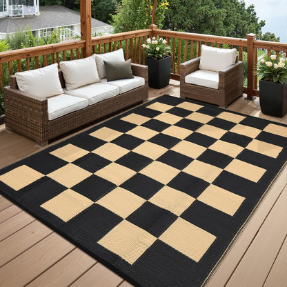 8 * 10ft Checkerboard Outdoor Rug, Reversible Woven Plastic Straw Patio Mat, Portable Floor Mat, Checkered Camping Carpet with Corner Loops for RV, Deck, Picnic, Balcony, Black & Brown