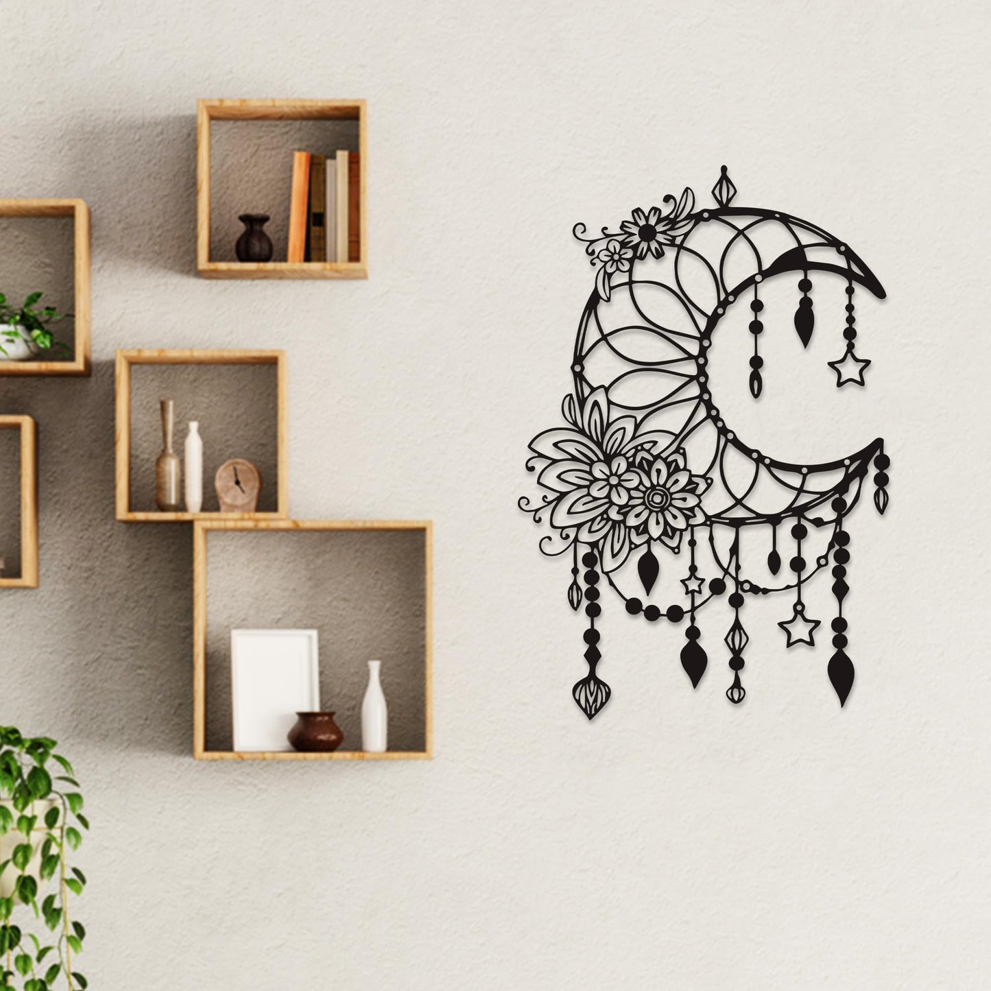 Xedatric Matte Black Moon Phase Wall Decor–Elegant Metal Moon Wall Art with Floral & Hanging Stars–Celestial Bedroom Decor for Indoor & Outdoor