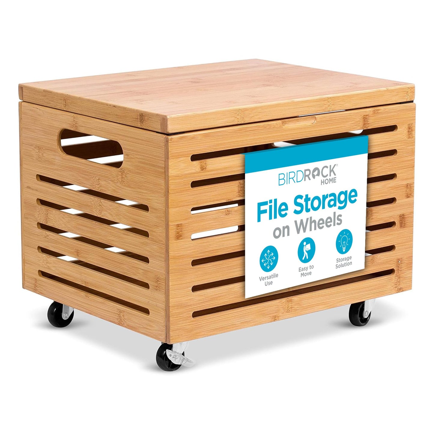 BIRDROCK HOME Rolling File Storage Organizer Box with Lid - Bamboo Decorative Wood Hanging File Box for Letter/Legal Documents, Binders, Blankets - Durable Office Organizer - Natural