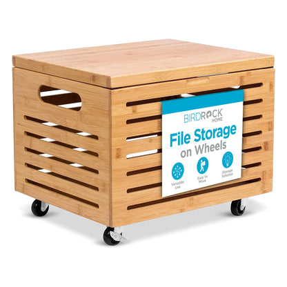 BIRDROCK HOME Rolling File Storage Organizer Box with Lid - Bamboo Decorative Wood Hanging File Box for Letter/Legal Documents, Binders, Blankets - Durable Office Organizer - Natural