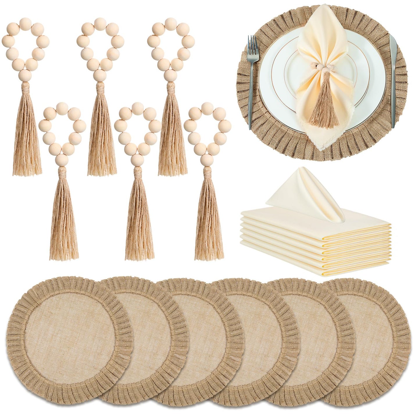 Gejoy 18 Pcs Round Burlap Placemats Wood Bead Napkin Rings with Dinner Napkins Cloth, Jute Heat Resistant Placemats Boho Wooden Rings for Plates Wedding Dining Table