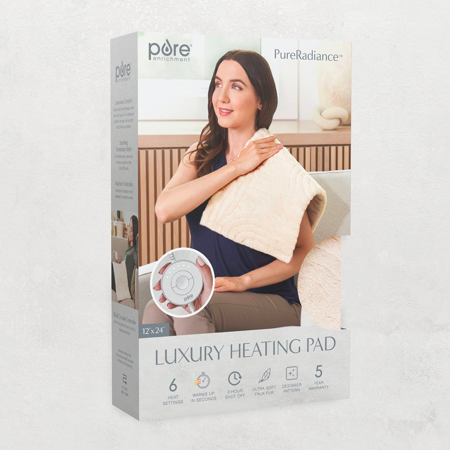 Pure Enrichment PureRadiance Luxury Heating Pad for Cramps, Back, Neck, & Shoulder Pain Relief, Patented Design, Soft Faux Fur & Micromink, 6 Heat Settings, Machine Washable, 12”x24”(Cloud)