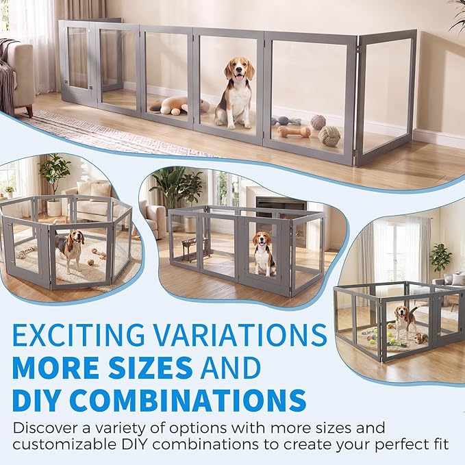 Heavy Duty Clear Acrylic Dog Playpen for Small/Medium Pets – 32" High Clear Pet Pen with Sturdy Metal Frame, Walk-in Kennel, Expandable Indoor & Outdoor Pet Play Yard (Grey, 8 Panels Including Door)