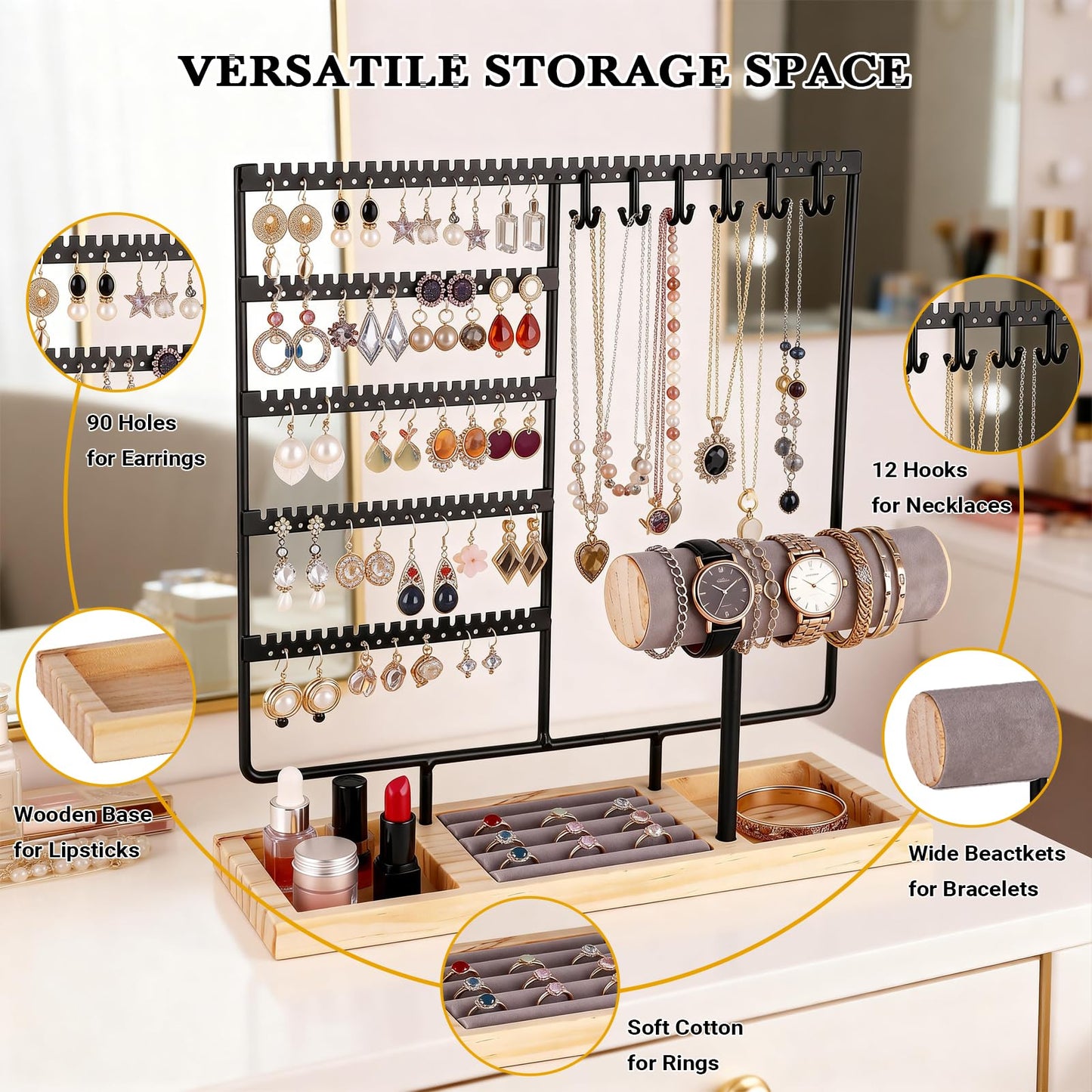 Ciormis 5 Tier Jewelry Holder Organizer, 72 Holes Earring Tree Holder Organizer 12 Hooks Necklace Rack Display Holder with Ring Storage Tray Bracelet Display Holder for Preppy Girl Friend Gift(Black)