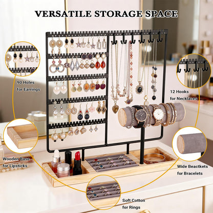 Ciormis 5 Tier Jewelry Holder Organizer, 72 Holes Earring Tree Holder Organizer 12 Hooks Necklace Rack Display Holder with Ring Storage Tray Bracelet Display Holder for Preppy Girl Friend Gift(Black)