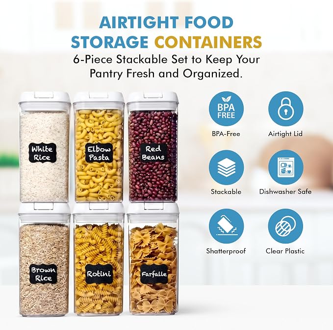 Shazo Airtight Food Storage Containers with Lids - 6 PC BPA Free Clear Plastic Cereal Containers with Easy Lock Lids for Kitchen and Pantry Organization for Snacks and Pasta - 1.2 L